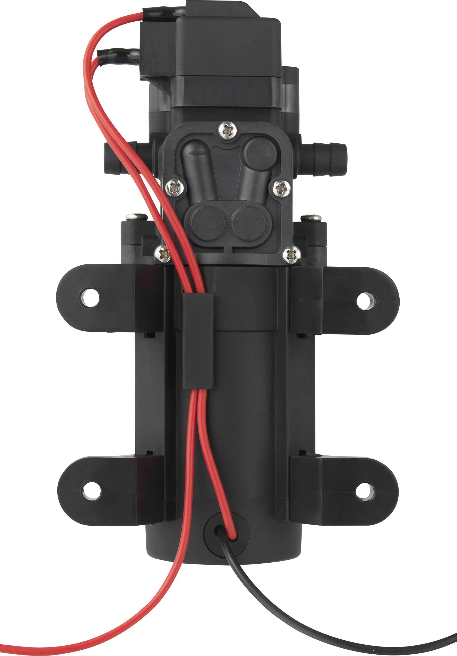 Elektromos vízpumpa fekete és piros kábelekkel, tartószerkezetre szerelve. Alkalmas akváriumokhoz vagy vízkeringető rendszerekhez.