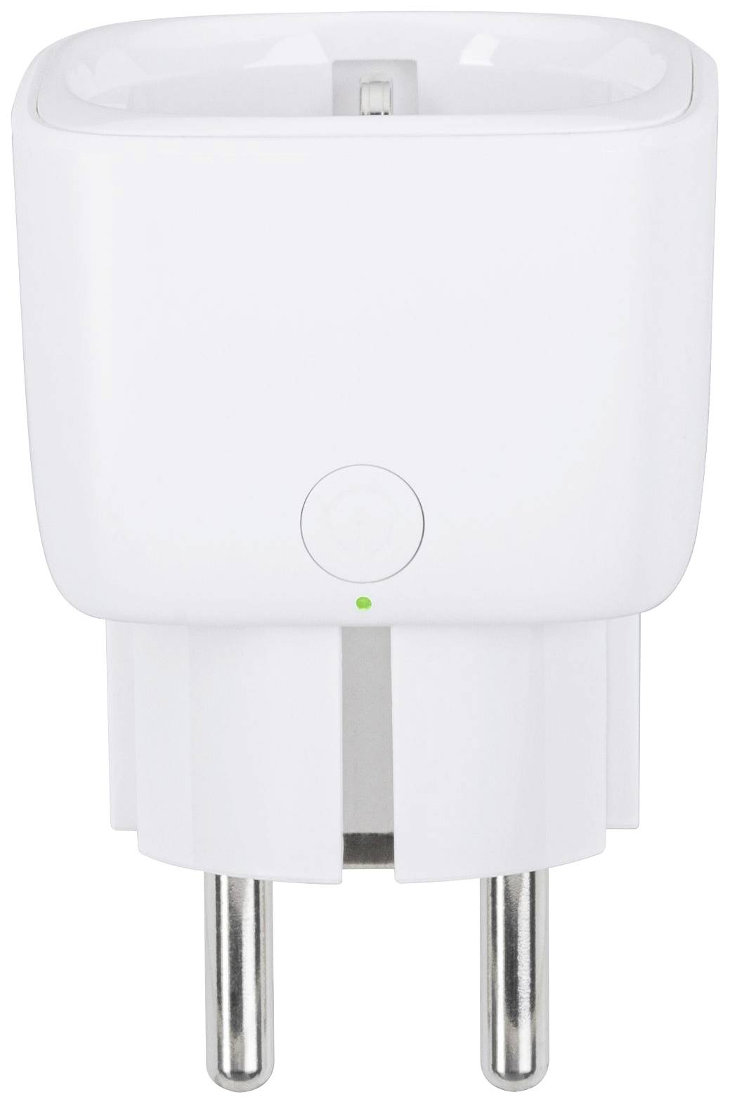 Intelligens fehér konnektor EU-s csatlakozóval, kapcsológombbal és LED-kijelzővel. Alkalmas eszközök irányítására mobilalkalmazáson vagy hangparanccsal.