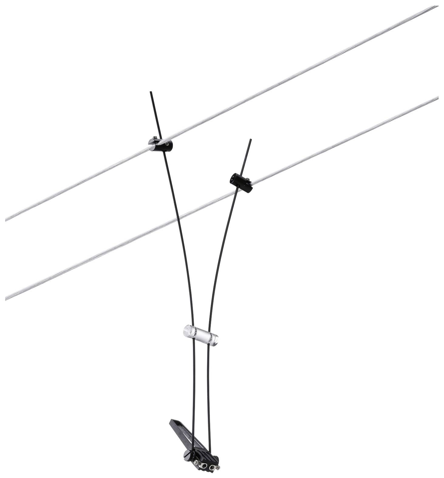 Egy fekete ruhacsipesz két párhuzamosan futó fehér drótot rögzít. A csipesznek két további fekete tartószerkezete van.