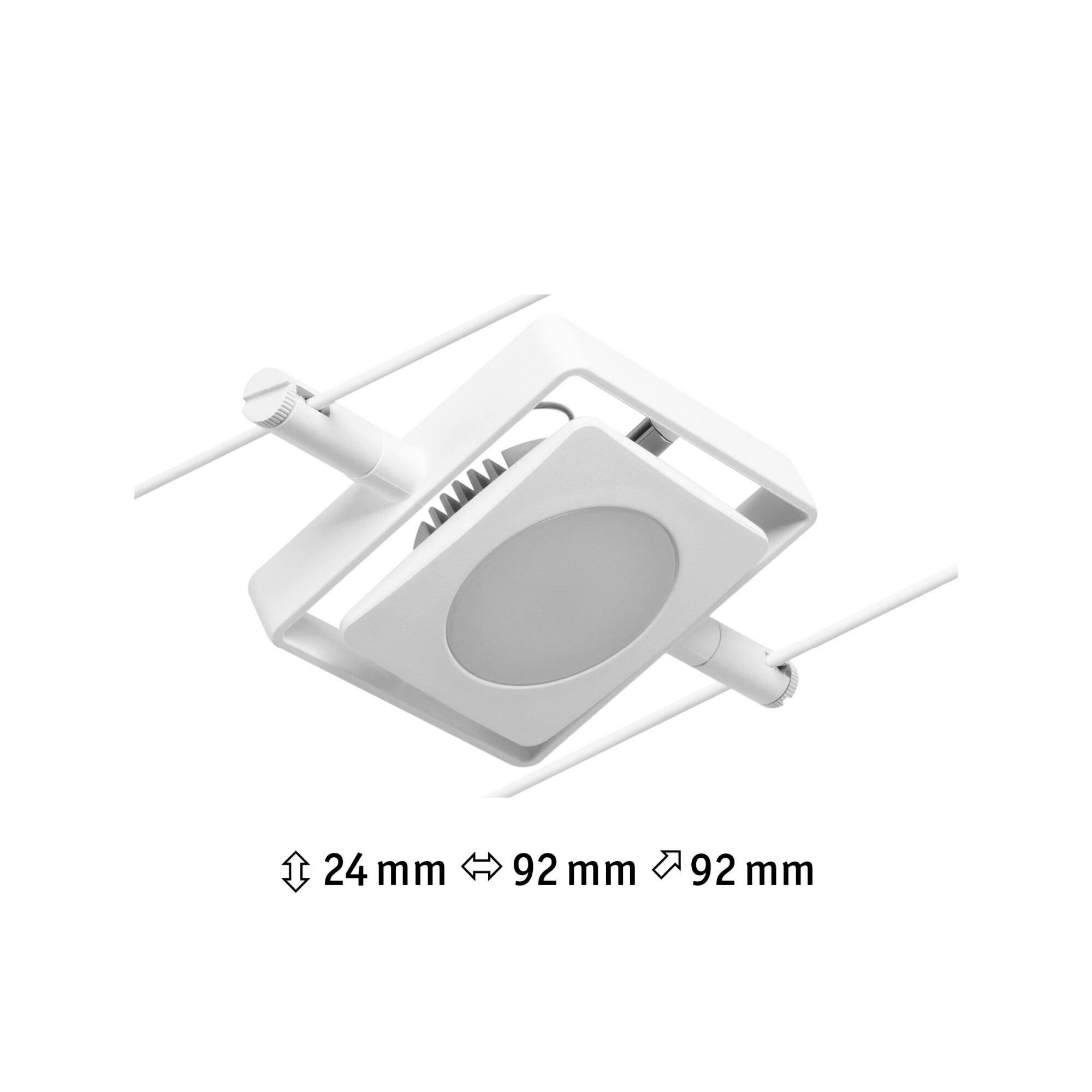 Fehér, négyzet alakú LED-lámpa sínre szereléshez, mérete: magasság 24 mm, szélesség és hosszúság 92 mm.