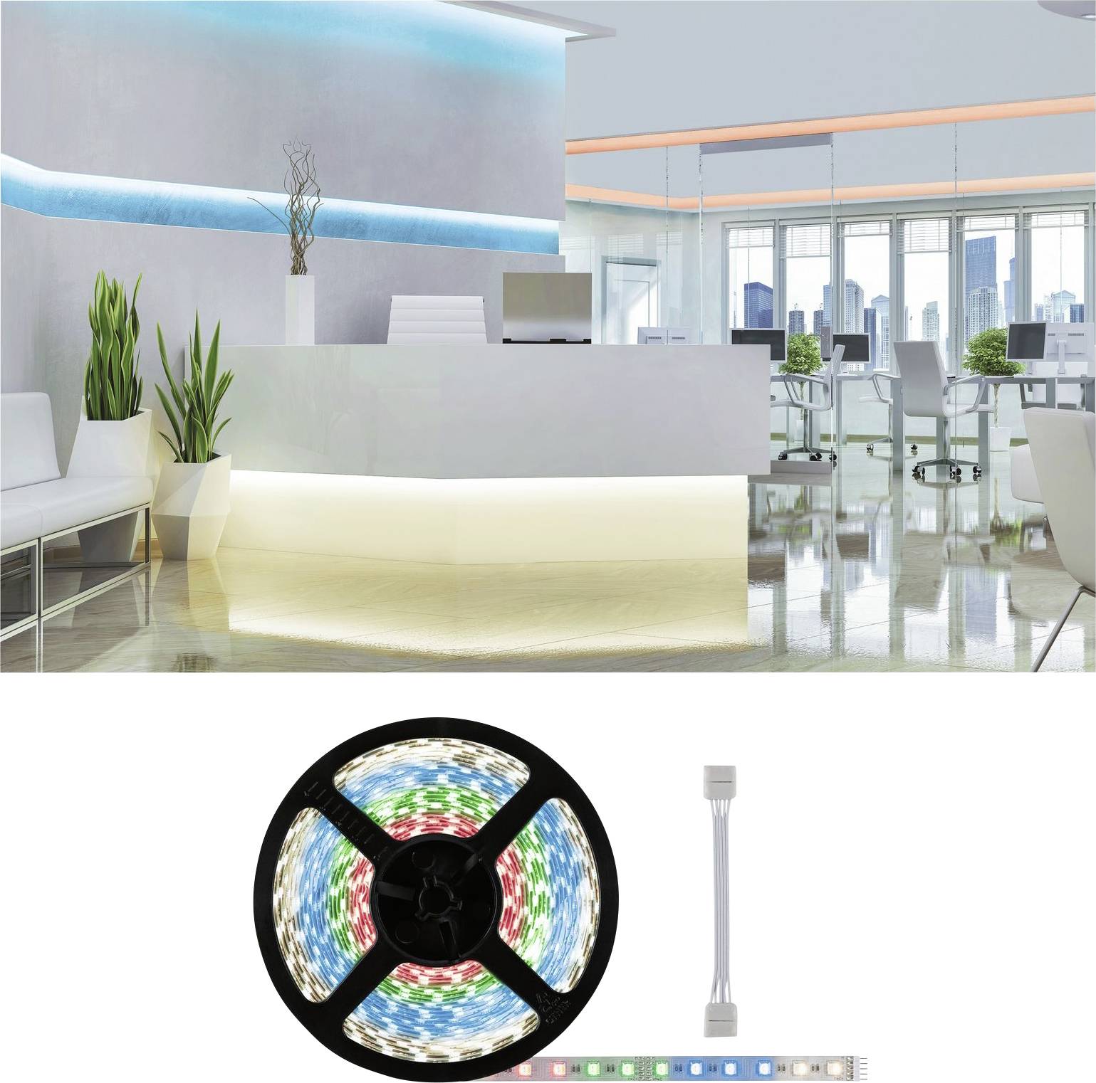Modern recepciós tér LED-világítással; fehér pult, balra növény; alatta egy távirányítós színes LED-fényfüzér.