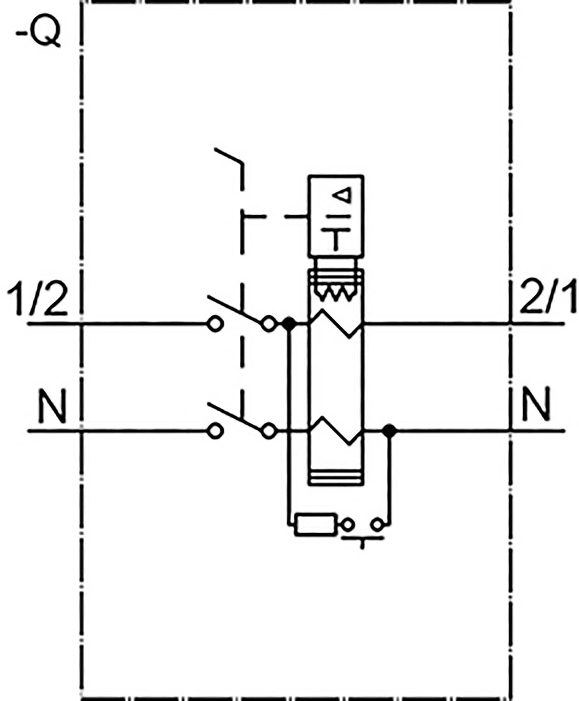 Egy hidraulikus szelep diagramja, amely két pozíciót (1/2, 2/1) ábrázol. Bemutatja a hidraulikai csatlakozásokat és a szelepvezérléseket.