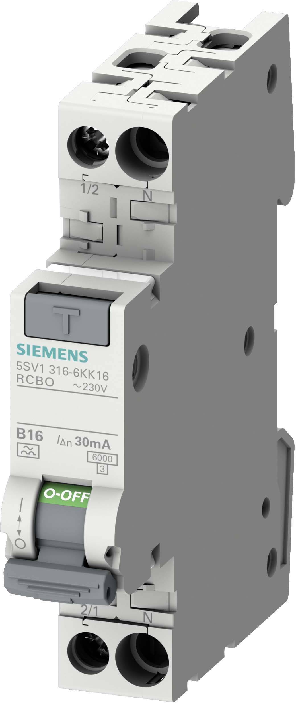 Egy SIEMENS védőkapcsoló modul, 5SV1 316-6KK16 típus, 230V, RCBO, B16 és 30mA jelöléssel, elektromos biztonság céljára.
