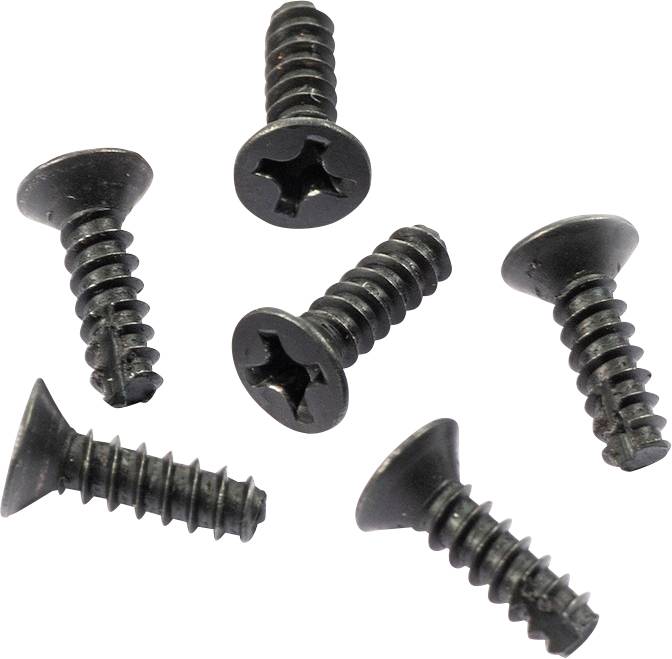 Öt fekete kereszthornyos csavar különböző irányban fehér háttér előtt.