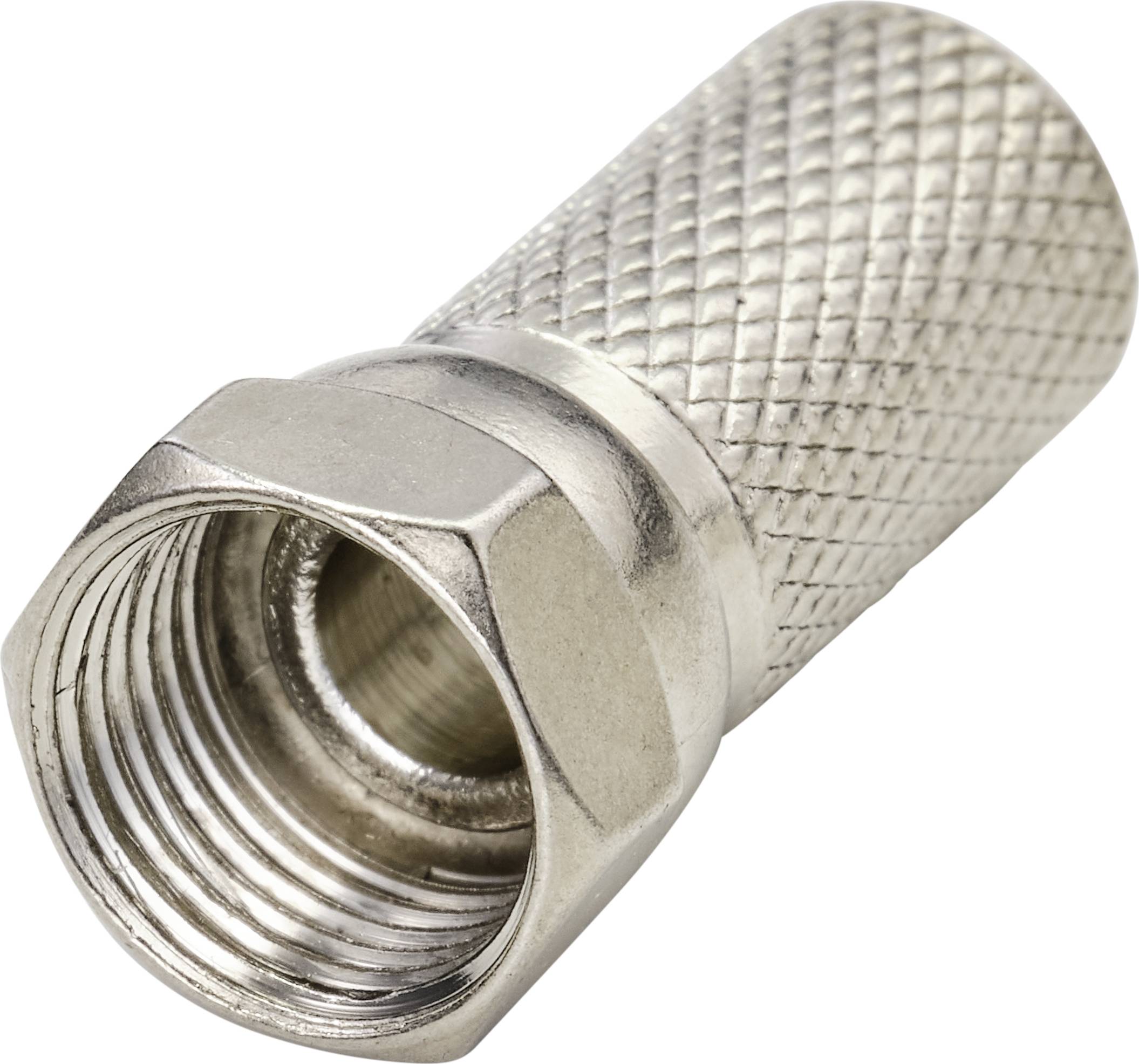 Fémes koaxiális F-csatlakozó bordázott felülettel, alkalmas TV- vagy műholdas csatlakozáshoz.