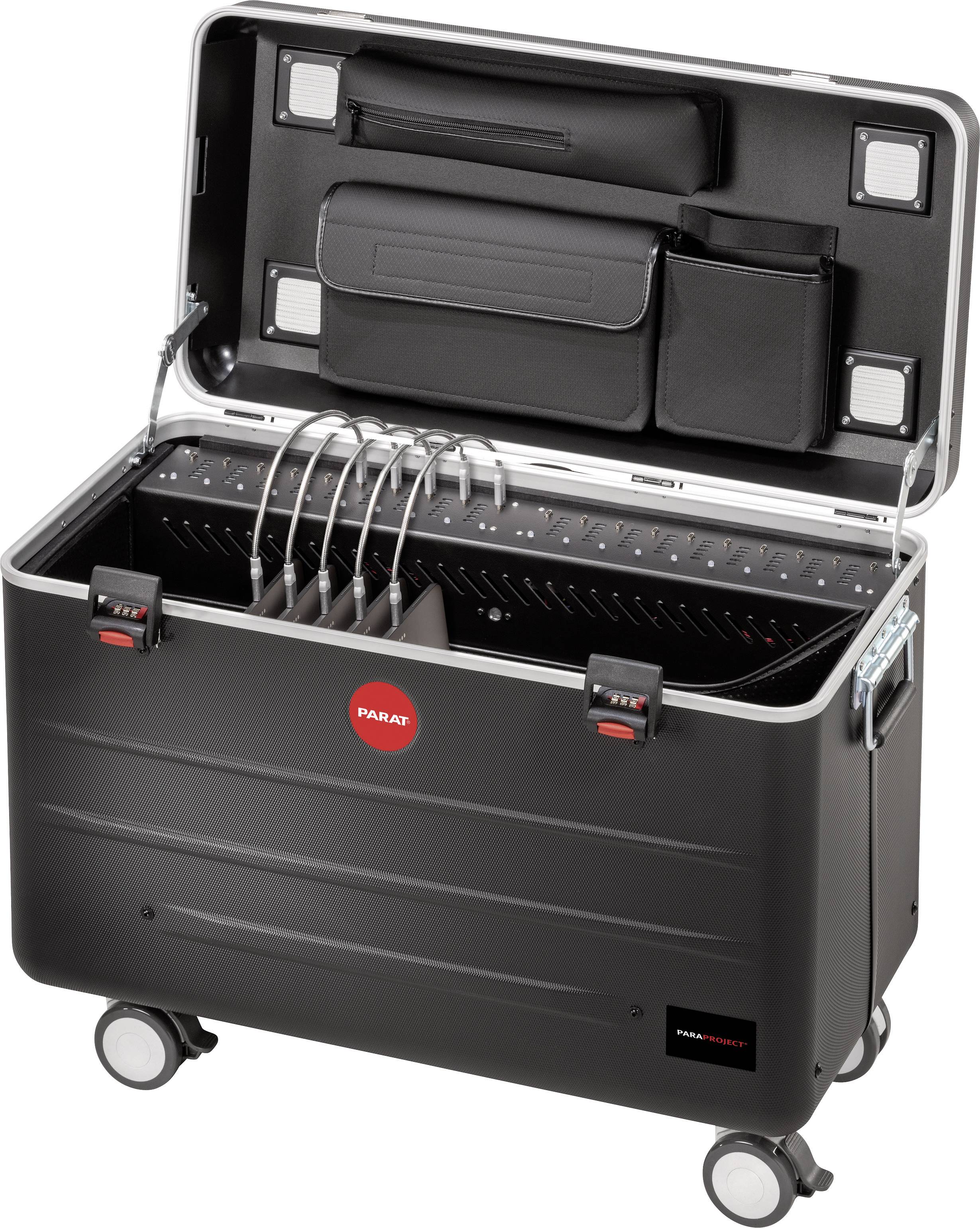 Mobil eszköztáska nyitott tetővel, több töltőhely és kábel látható. Tartozékok tárolására szolgáló rekeszekkel rendelkezik.