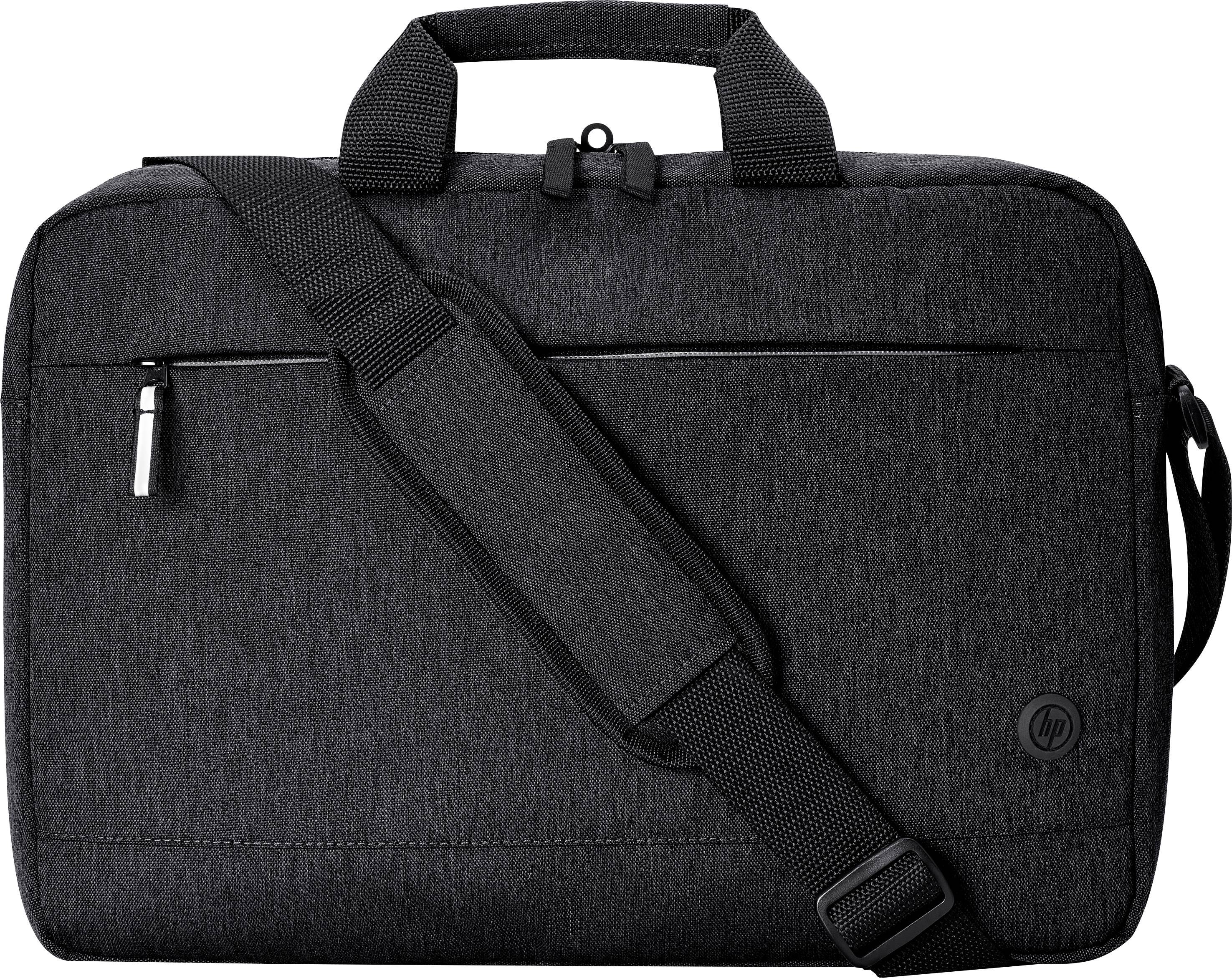 Egy fekete laptoptáska vállpánttal és fogantyúval; egyszerű dizájn, kis logóval a sarokban.