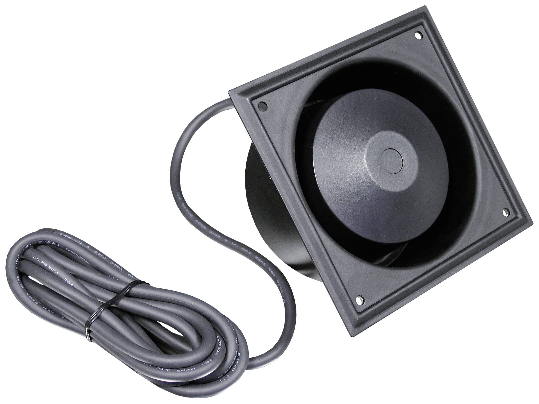 Egy fekete ventilátor négyzet alakú előlappal és hosszú, tekert kábellel, amelyet gyakran használnak műszaki eszközök szellőztetéséhez.