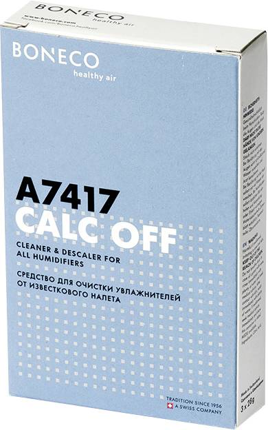 'BONECO A7417 Calc Off' víztisztító és vízkőmentesítő folyadék párásítókhoz, világoskék csomagolásban fehér felirattal.