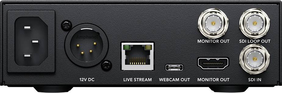 Egy elektronikus eszköz hátoldala különböző csatlakozókkal: tápellátás, XLR, Ethernet, USB-C, HDMI és SDI videókapcsolatokhoz.