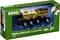 Egy játék mozdony egy zöld dobozban, amelyen a 'BRIO World Mighty Gold Action Locomotive 3+' felirat olvasható. Arany színű mozdony látható a dobozban.
