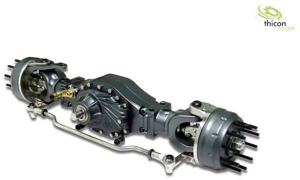 A differenciálműves gépjármű tengely modellje. Összetett alkatrészek és mechanika látható.