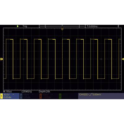 Oszcilloszkóp-kijelző négyszög hullámformájú jellel. A frekvencia kb. 1 kHz, amplitúdó 10 V diviziónként, időalap 5 µs diviziónként.