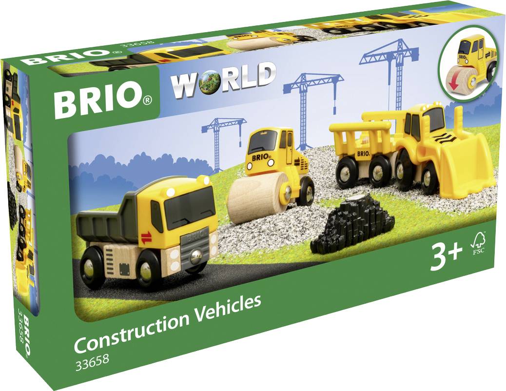 Brio Construction Vehicles játékszett, 3 éves kortól ajánlott. Kavicson látható építőipari járművek képét mutatja.