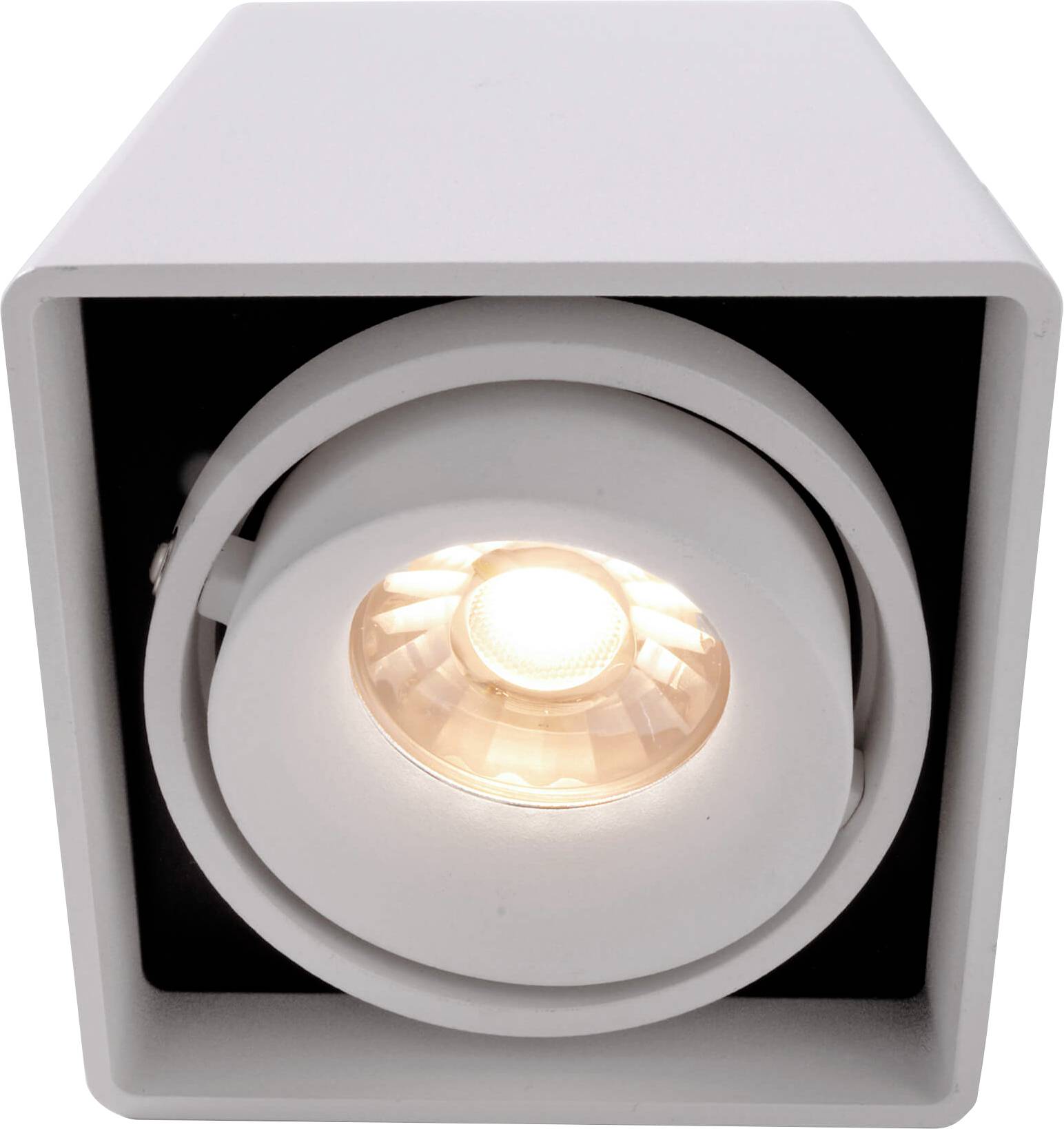 Egy fehér, négyzet alakú mennyezeti lámpa állítható LED-spotlámpával modern dizájnban.