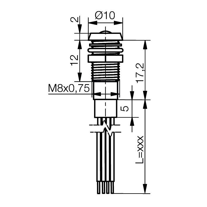 Műszaki rajz egy M8x0,75 menetű elektromos csatlakozóról, teljes hossza 17,2 mm. Különböző méretezések feltüntetve.