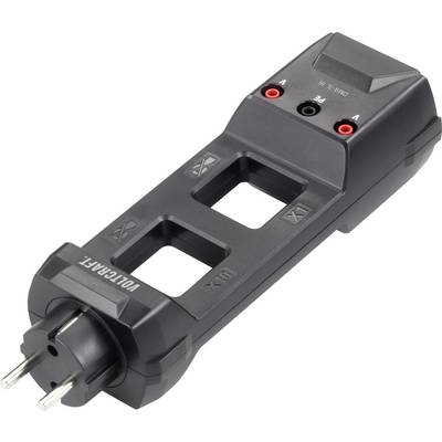 Volcraft márkajelzésű elektromos tesztelő adapter csatlakozókkal és aljzatokkal, egyértelmű feszültségkijelzéssel ellátva, tesztelésre alkalmas eszköz.