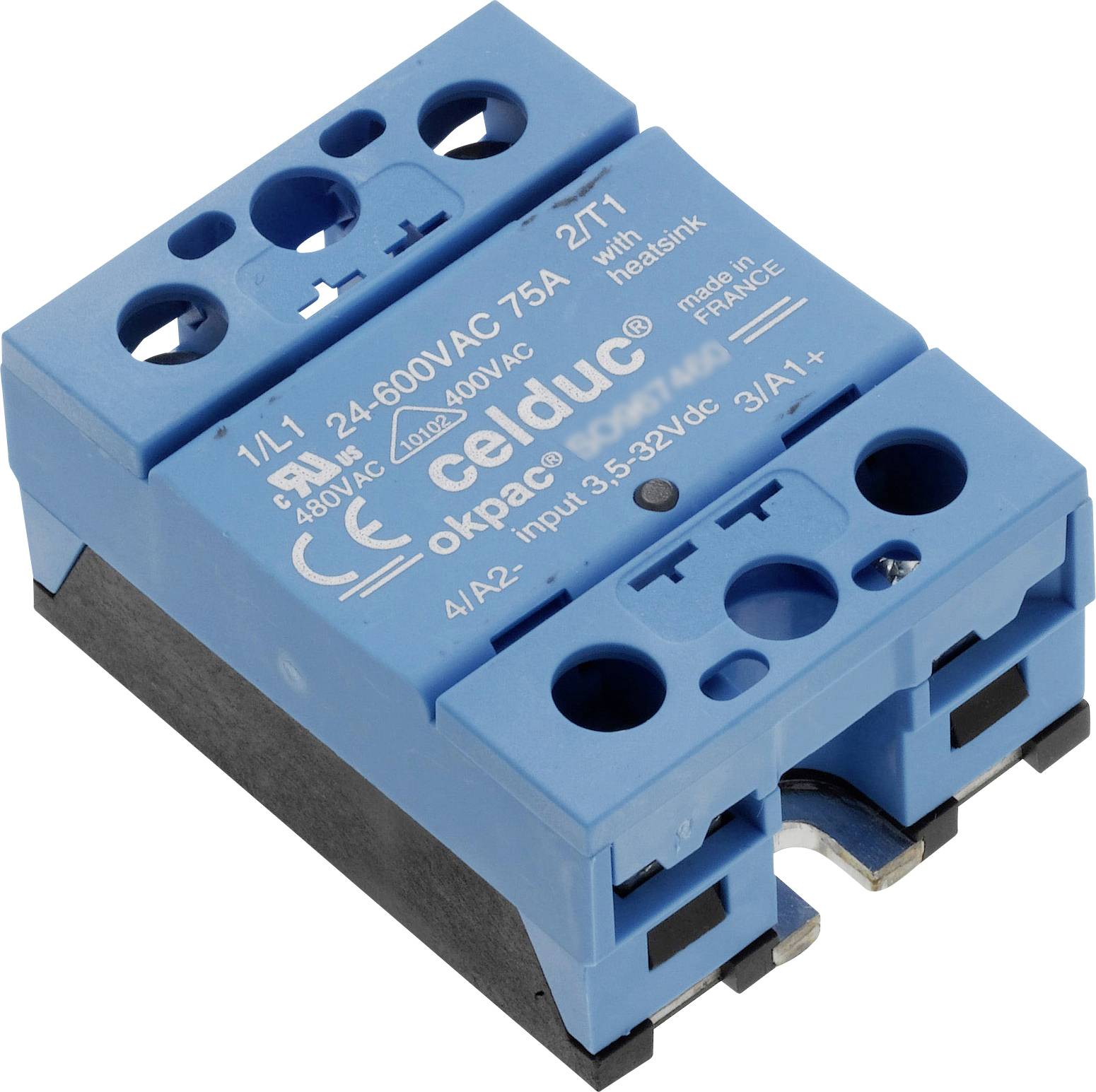Egy kék elektronikus kapcsoló Celduc típusú, amelyen a '24-600VAC 75A' felirat szerepel. A kapcsolónak felső és alsó csatlakozói vannak.