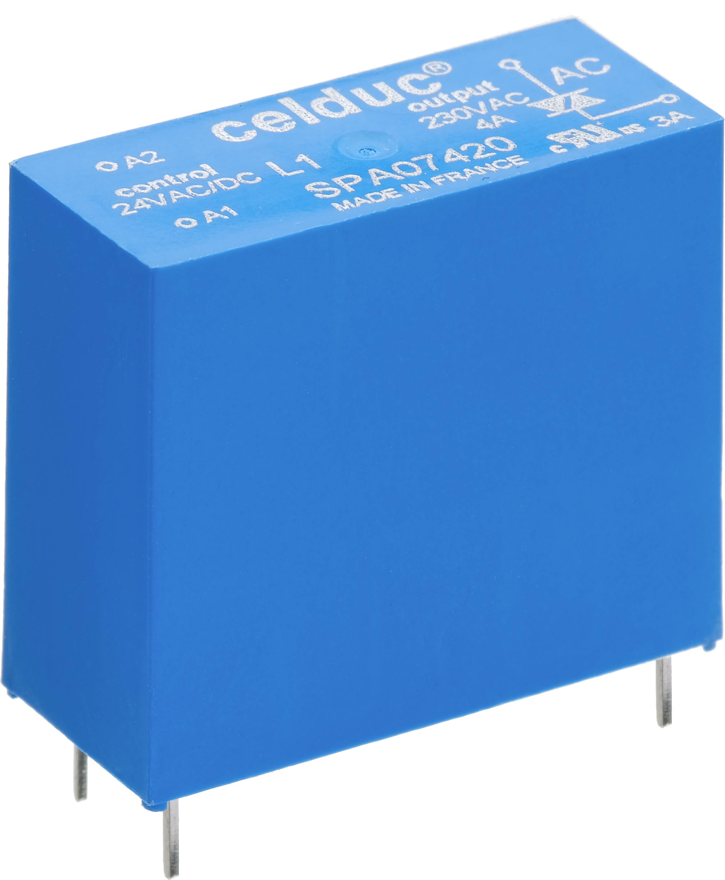 Egy kék, téglalap alakú elektronikus alkatrész-relé Celduc gyártótól, fém csatlakozókkal és fehér "AC 230V 40A" felirattal.