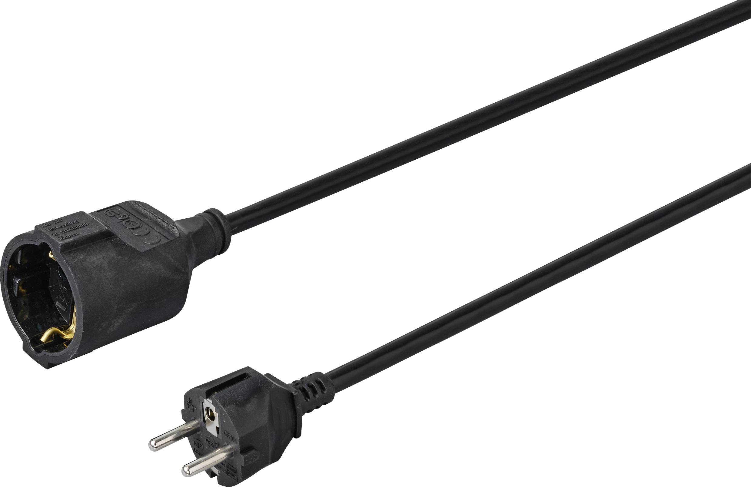 Egy fekete elektromos hosszabbító kábel, amely az egyik végén dugóval és a másik végén csatlakozóaljzattal rendelkezik, és elektromos csatlakozások meghosszabbítására szolgál.