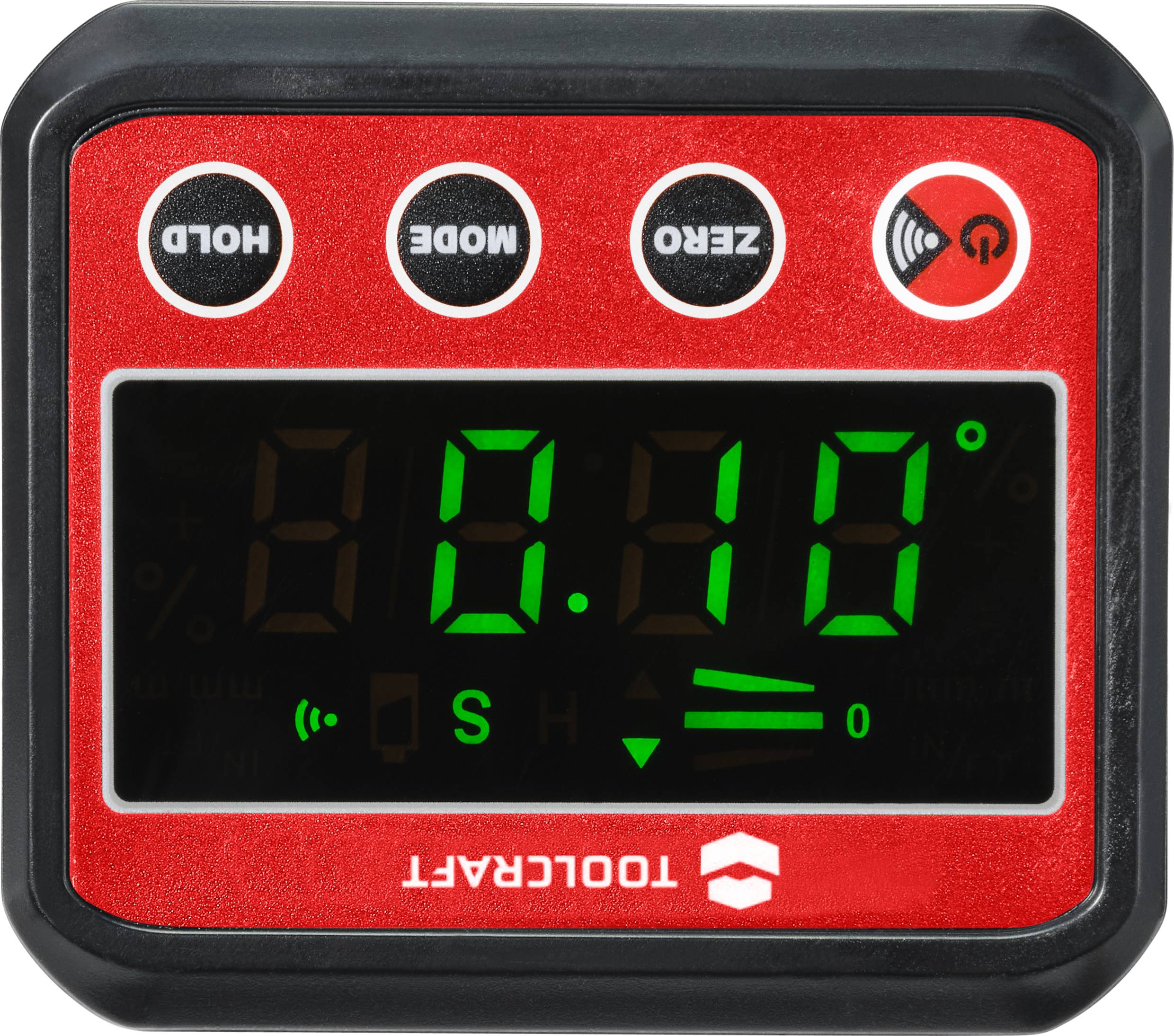 Digitális dőlésmérő piros házban, kijelzője '0.10°' értéket mutat. Felül funkciógombok: 'Hold', 'Mód', 'Nulla'.