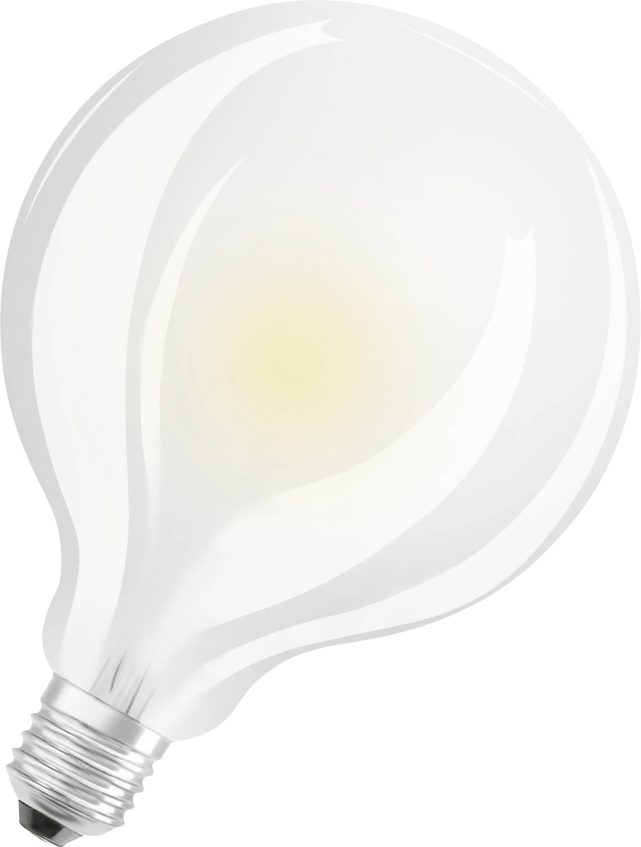 Egy fehér gömb alakú izzólámpa ezüstös foglalattal, fehér háttér előtt ábrázolva.