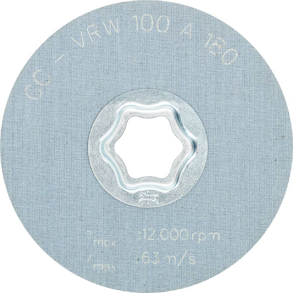 Csiszolótárcsa, kerek, kék ezüst középpel, felirata 'CG - VRW 100 A 120', maximális fordulatszám '12.000 ford/perc', sebesség '63 m/s'.