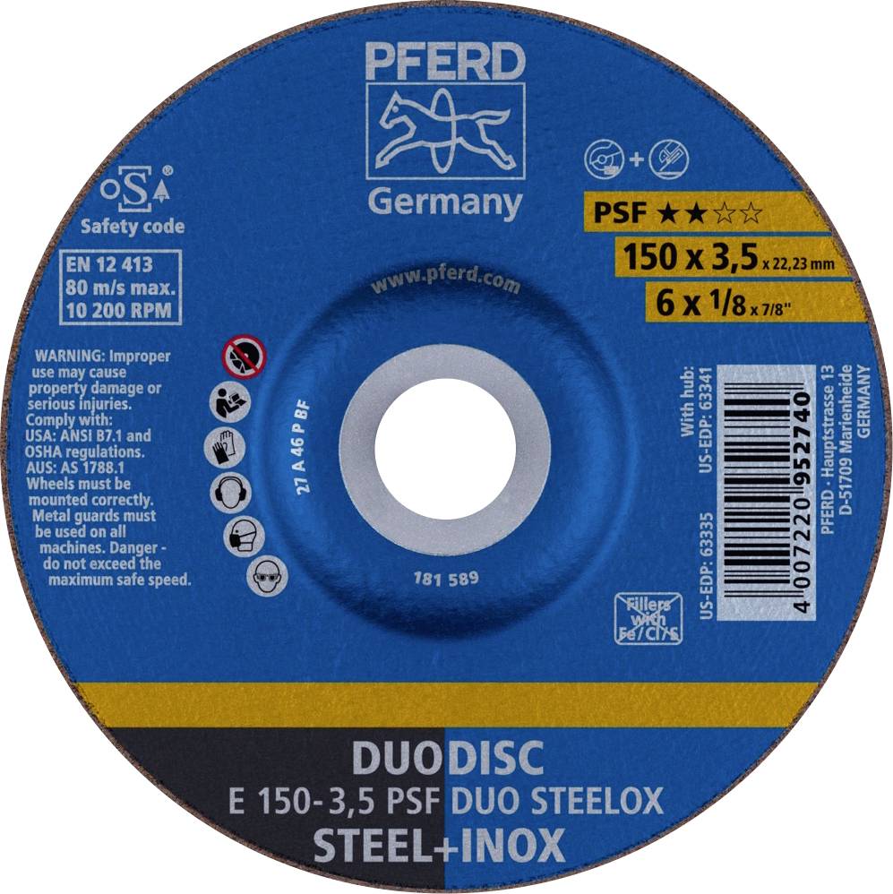 PFERD TOOLS 62015420 E 150-3,5 PSF DUO STEELOX Nagyolótárcsa, hajlított Ø 150 mm Furat átmérő 22.23 mm Nemesacél, Acél, tapló 10 db