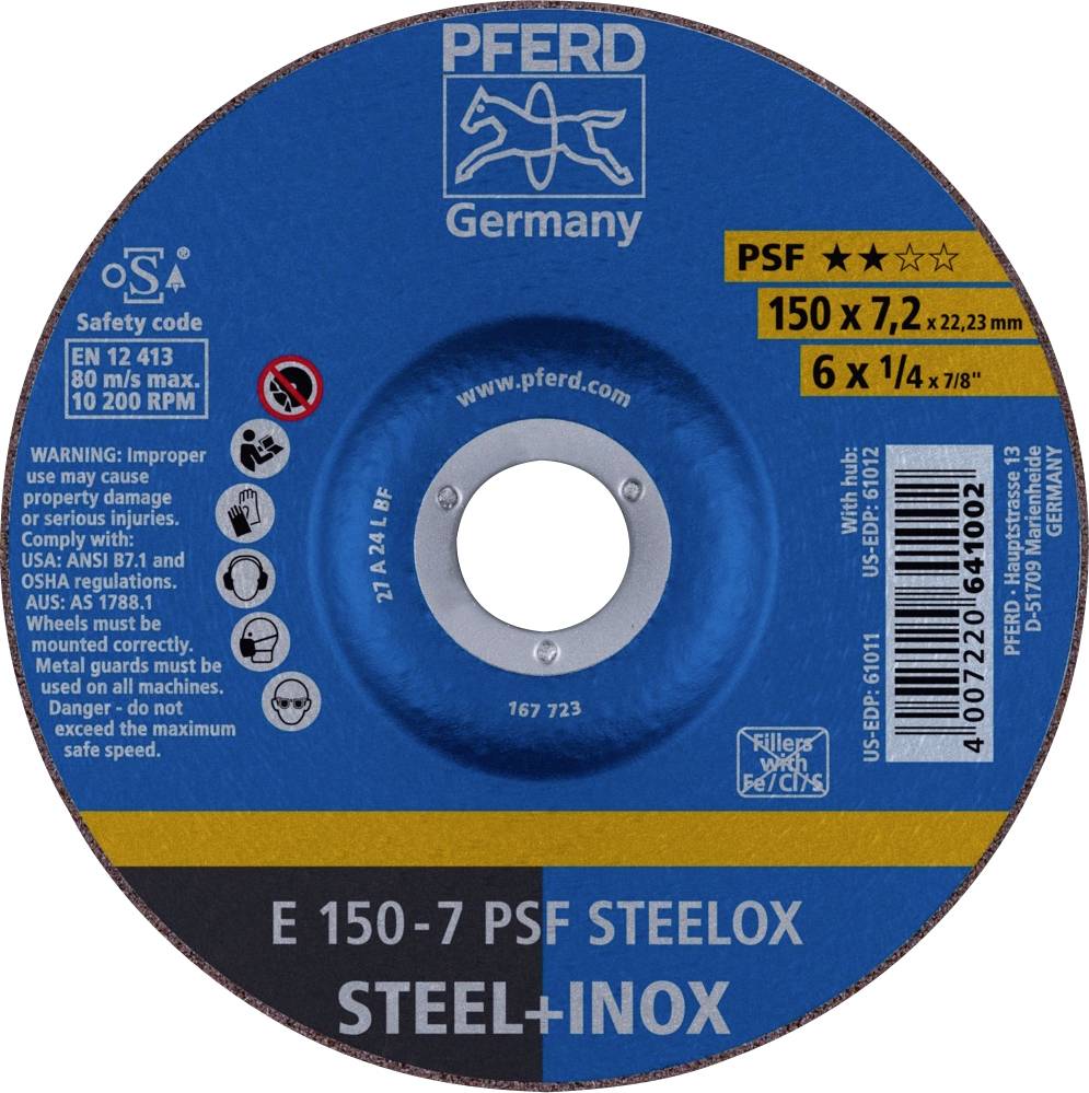 PFERD TOOLS 62015640 E 150-7 PSF STEELOX Nagyolótárcsa, hajlított Ø 150 mm Furat átmérő 22.23 mm Nemesacél, Acél 10 db