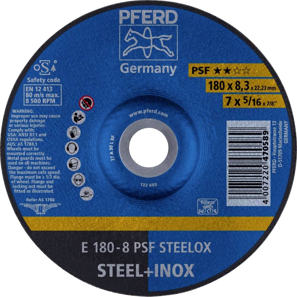 PFERD TOOLS 62017831 E 180-8 PSF STEELOX Nagyolótárcsa, hajlított Ø 180 mm Furat átmérő 22.23 mm Nemesacél, Acél 10 db