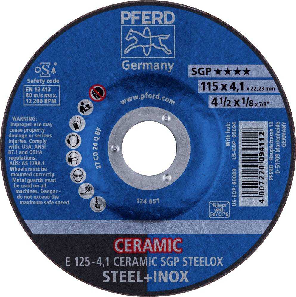 PFERD TOOLS 62100125 E 125-4,1 CERAMIC SGP STEELOX Nagyolótárcsa, hajlított Ø 125 mm Furat átmérő 22.23 mm Nemesacél, Acél 10 db