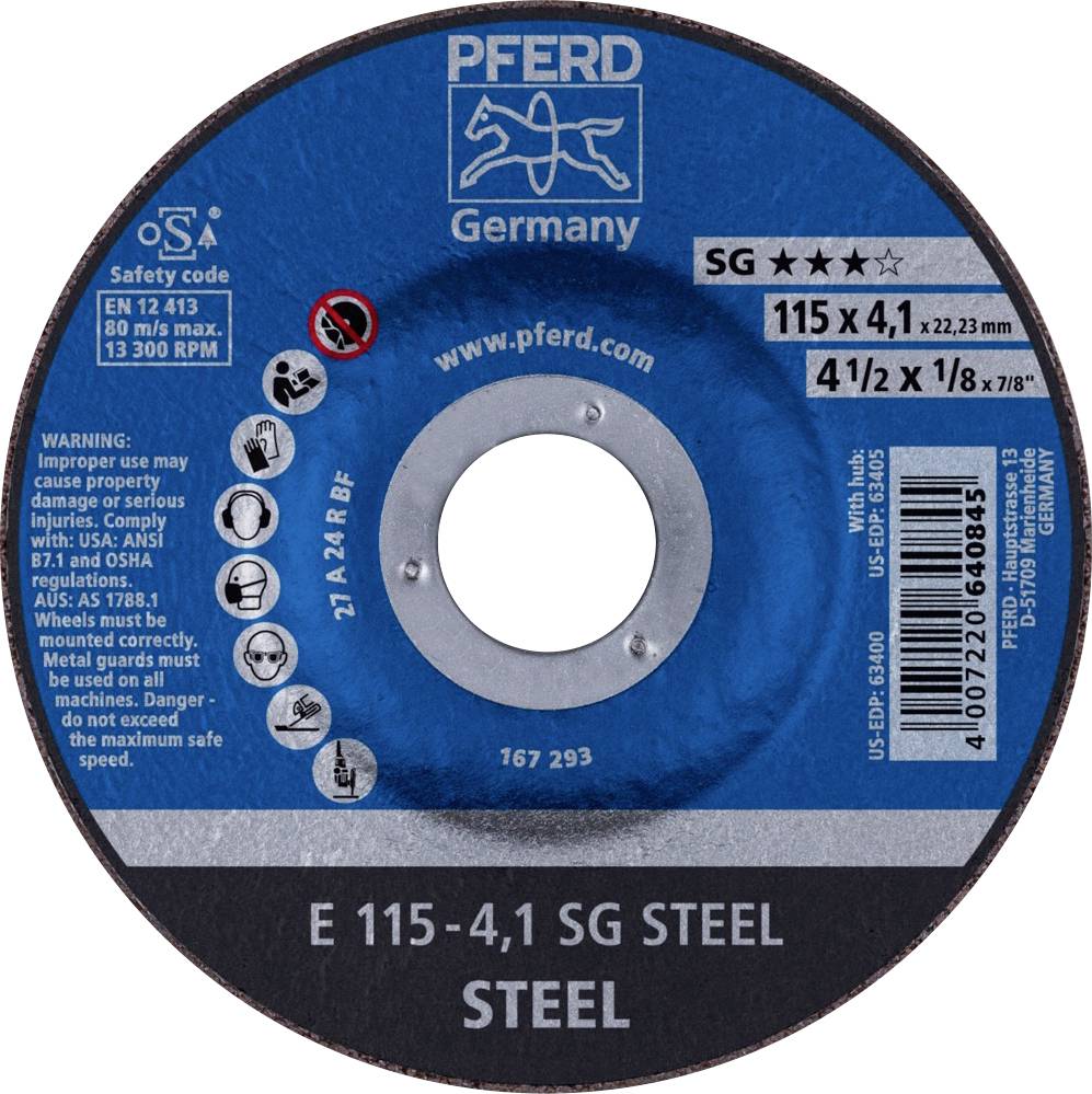 PFERD TOOLS 62211436 E 115-4,1 SG STEEL Nagyolótárcsa, hajlított Ø 115 mm Furat átmérő 22.23 mm Acél 10 db