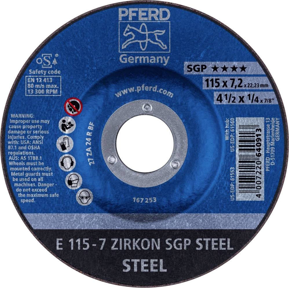 PFERD TOOLS 62211737 E 115-7 ZIRKON SGP STEEL Nagyolótárcsa, hajlított Ø 115 mm Furat átmérő 22.23 mm Acél 10 db