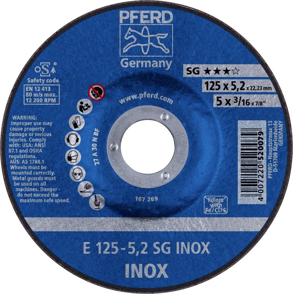 PFERD TOOLS 62212523 E 125-5,2 SG INOX Nagyolótárcsa, hajlított Ø 125 mm Furat átmérő 22.23 mm Nemesacél 10 db