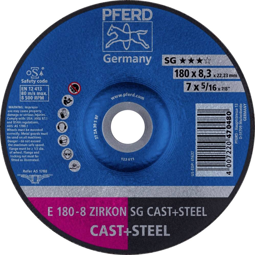 PFERD TOOLS 62217837 E 180-8 ZIRKON SG CAST+STEEL Nagyolótárcsa, hajlított Ø 180 mm Furat átmérő 22.23 mm szürke-/gömbölyű öntöttvas, Acél, öntött acél 10 db