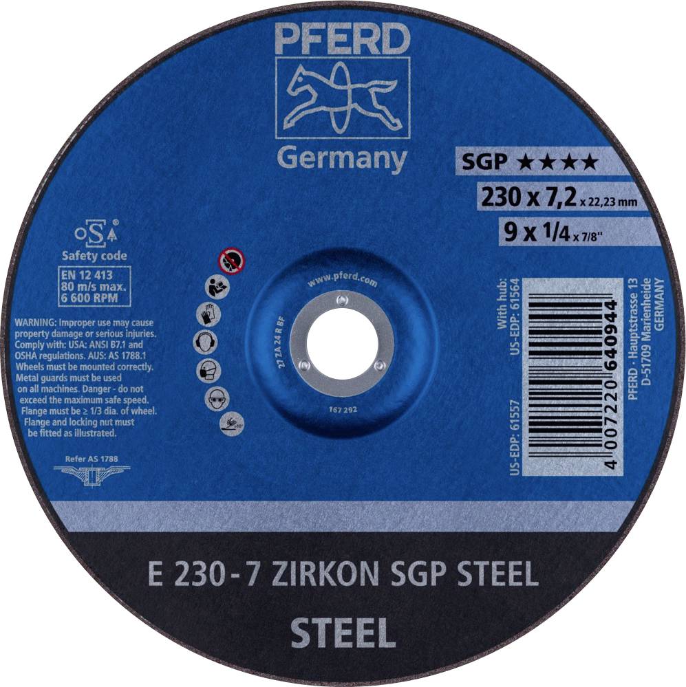PFERD TOOLS 62223737 E 230-7 ZIRKON SGP STEEL Nagyolótárcsa, hajlított Ø 230 mm Furat átmérő 22.23 mm Acél 10 db