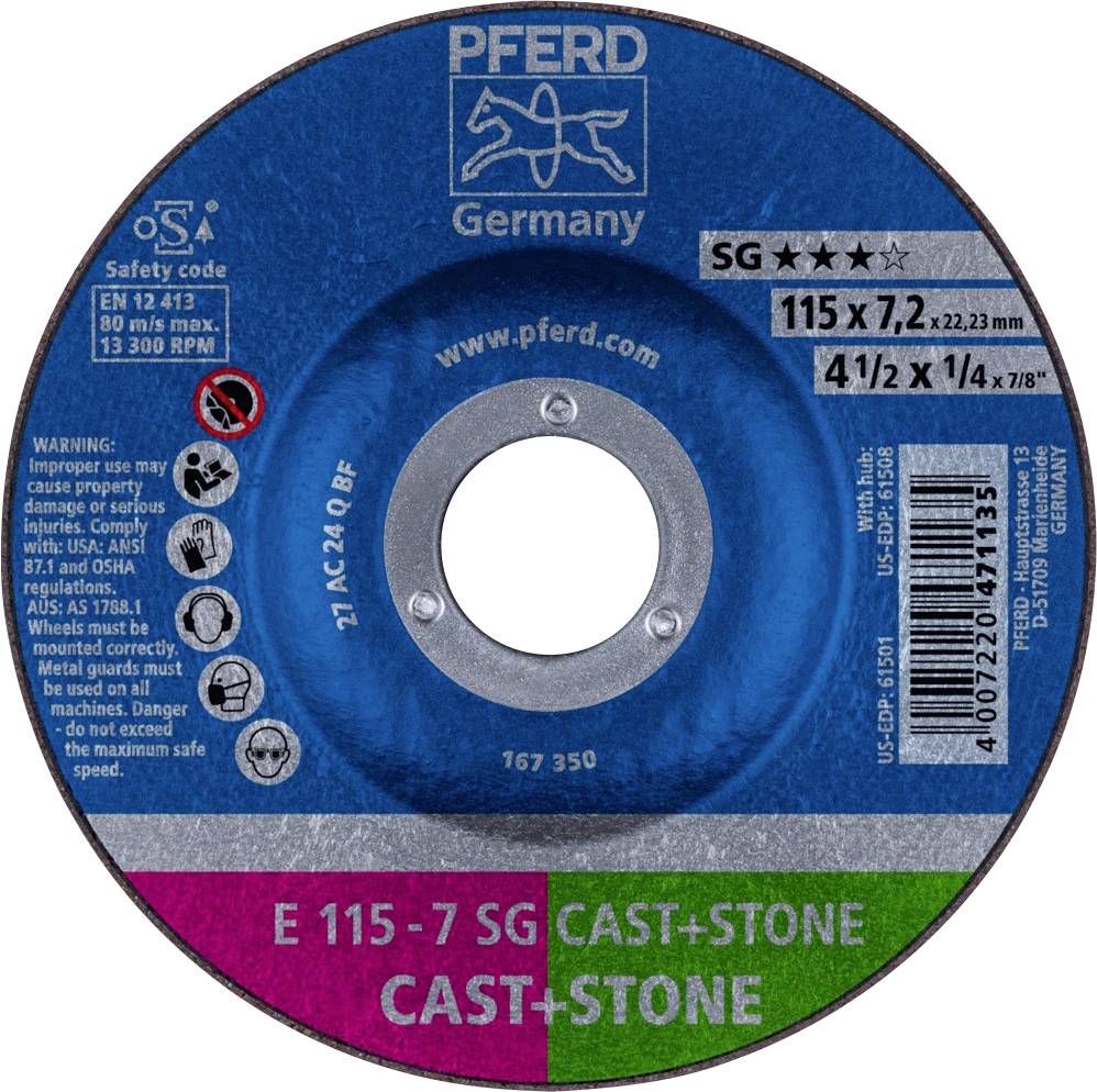 PFERD TOOLS 62911625 E 115-7 SG CAST+STONE Nagyolótárcsa, hajlított Ø 115 mm Furat átmérő 22.23 mm Alimínium ötvözet, Öntött vas, öntött bőr, Beton, Titán 10 db