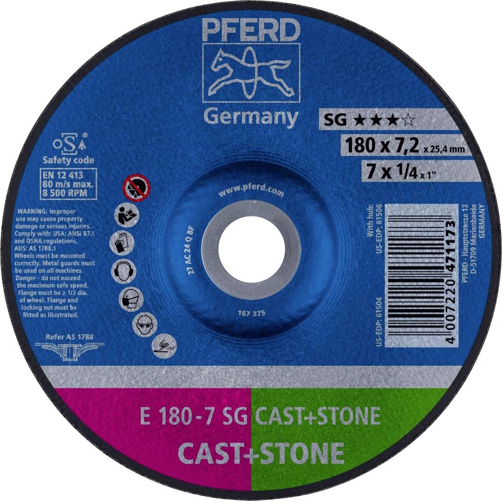 PFERD TOOLS 62917625 E 180-7 SG CAST+STONE Nagyolótárcsa, hajlított Ø 180 mm Furat átmérő 22.23 mm Alimínium ötvözet, Öntött vas, öntött bőr, Beton, Titán 10 db