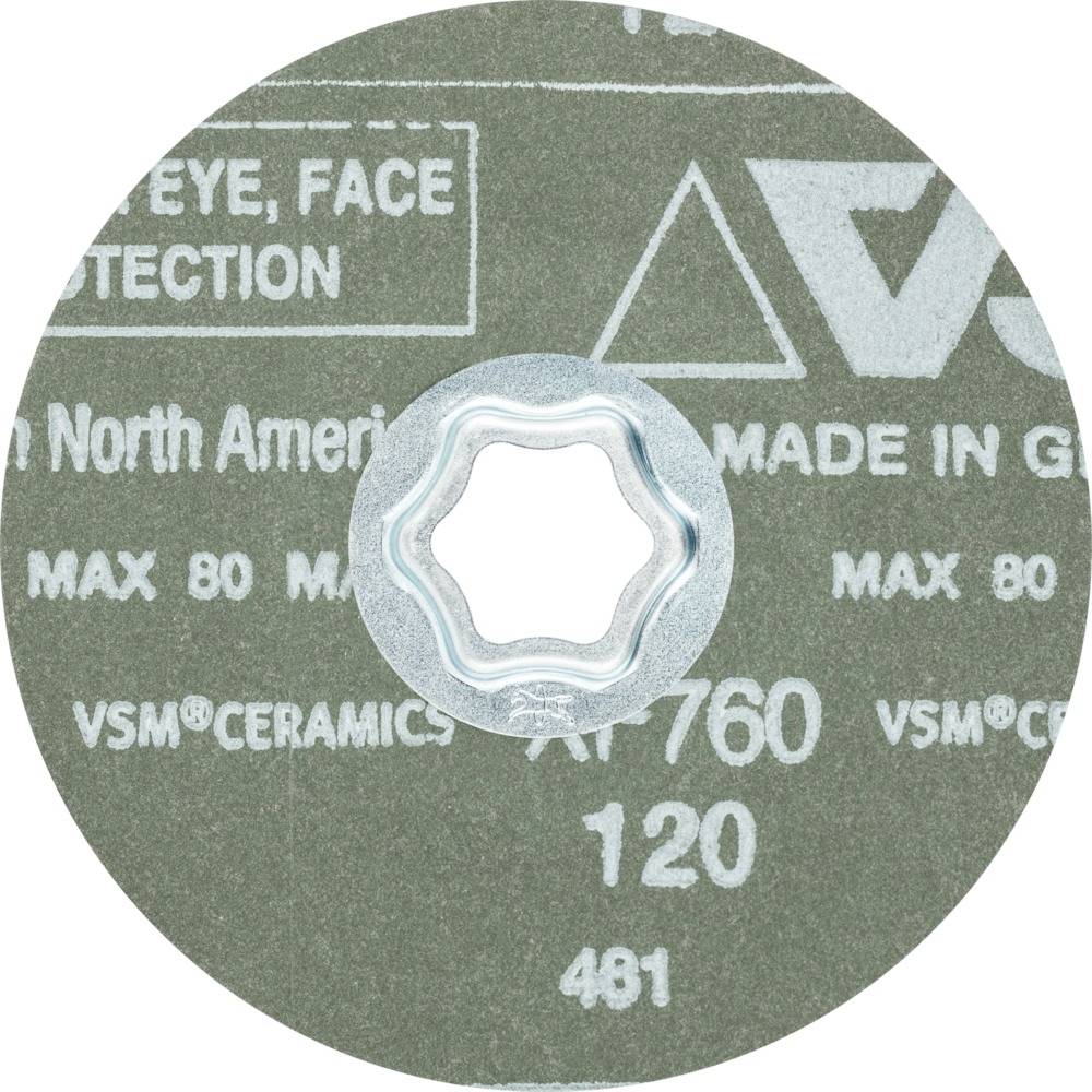 Egy zöld csiszolókorong, amelyen a 'VSM CERAMICS', 'MAX 80 M/S' és '120' felirat látható. Szem- és arcvédelem céljára alkalmas.