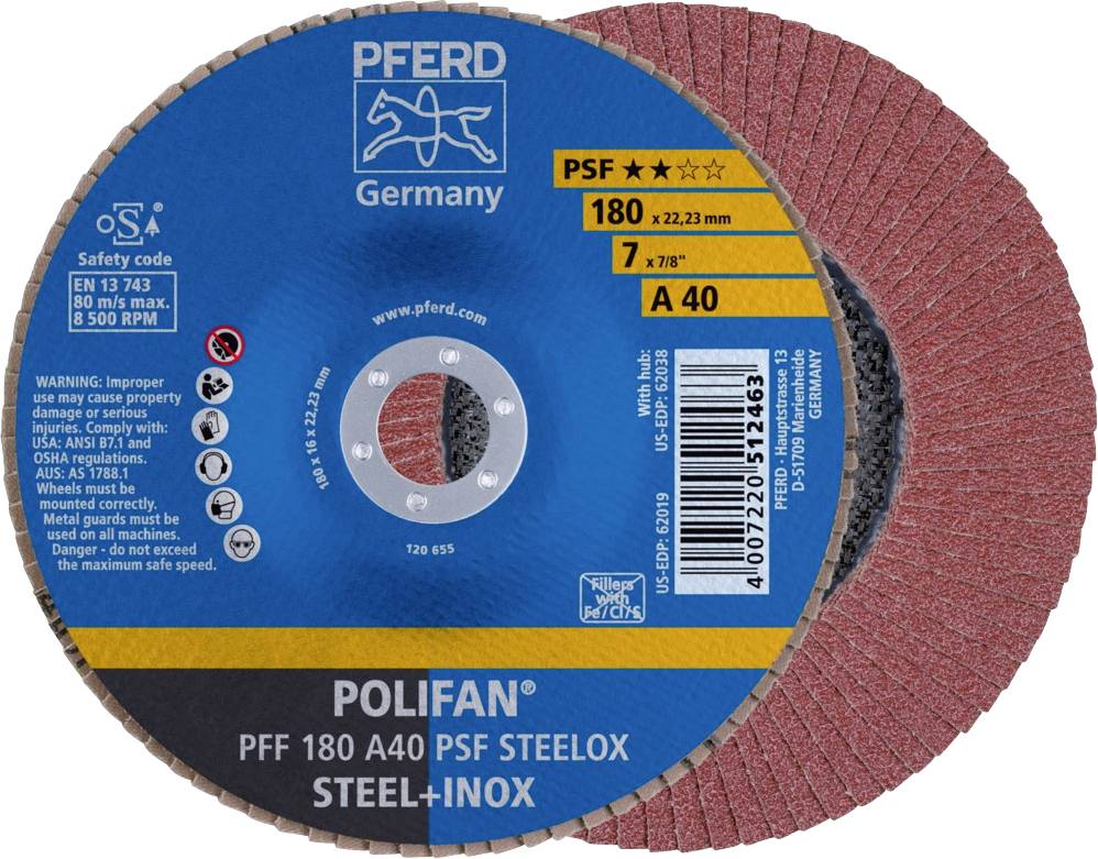 PFERD TOOLS 67644185 PFF 180 A 40 PSF STEELOX Felületcsiszoló korong Ø 180 mm Furat átmérő 22.23 mm Szemcsézet 40 Nemesacél, Acél 10 db