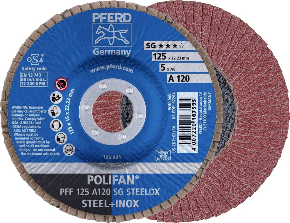 PFERD TOOLS 67649125 PFF 125 A 120 PSF STEELOX Felületcsiszoló korong Ø 125 mm Furat átmérő 22.23 mm Szemcsézet 120 Nemesacél, Acél 10 db