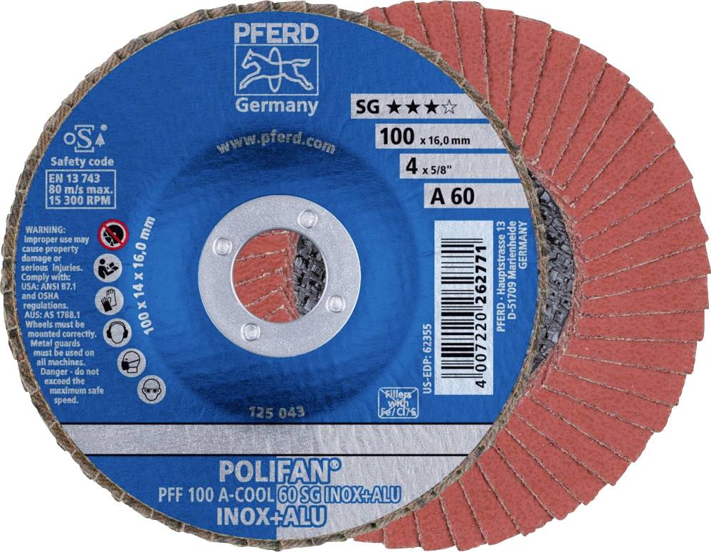 PFERD TOOLS 67656100 PFF 100 A-COOL 60 SG INOX+ALU/16,0 Felületcsiszoló korong Ø 100 mm Furat átmérő 16 mm Alumínium, Nem vastartalmú fém, Nemesacél 10 db
