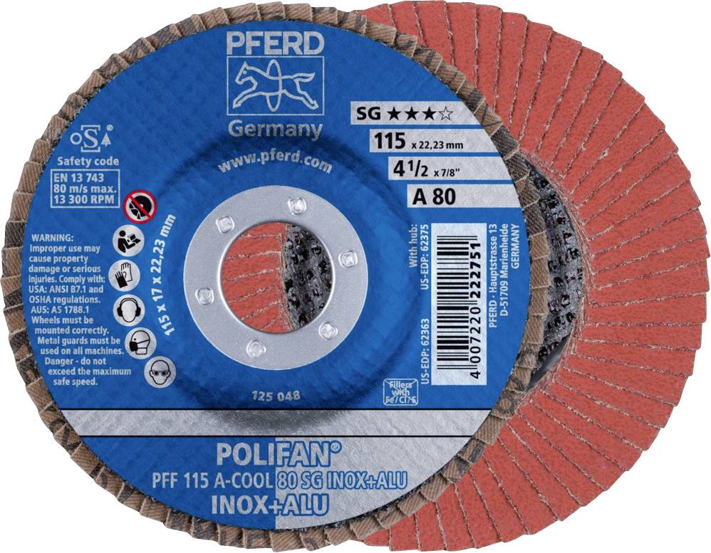PFERD TOOLS 67658115 PFF 115 A-COOL 80 SG INOX+ALU Felületcsiszoló korong Ø 115 mm Furat átmérő 22.23 mm Alumínium, Nem vastartalmú fém, Nemesacél 10 db
