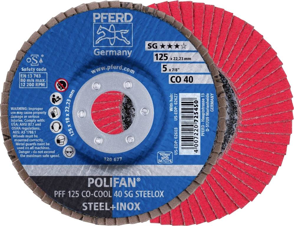 PFERD TOOLS 67660425 PFF 125 CO-COOL 40 SG STEELOX Felületcsiszoló korong Ø 125 mm Furat átmérő 22.23 mm Szemcsézet 40 Alimínium ötvözet, nikkel alapú ötvözet,