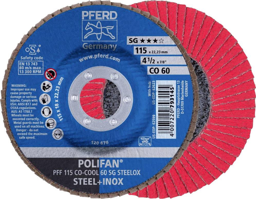 PFERD TOOLS 67660615 PFF 115 CO-COOL 60 SG STEELOX Felületcsiszoló korong Ø 115 mm Furat átmérő 22.23 mm Alimínium ötvözet, nikkel alapú ötvözet, nikkel vagy