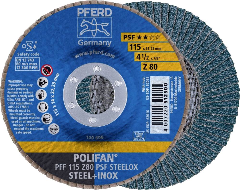 PFERD TOOLS 67668115 PFF 115 Z 80 PSF STEELOX Felületcsiszoló korong Ø 115 mm Furat átmérő 22.23 mm Szemcsézet 80 Nemesacél, Acél 10 db