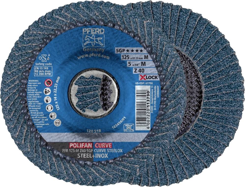 PFERD TOOLS 67689053 PFR 125-M Z 40 SGP CURVE STEELOX/X-LOCK Felületcsiszoló korong Ø 125 mm Furat átmérő 22.23 mm Szemcsézet 40 Nemesacél, Acél 10 db