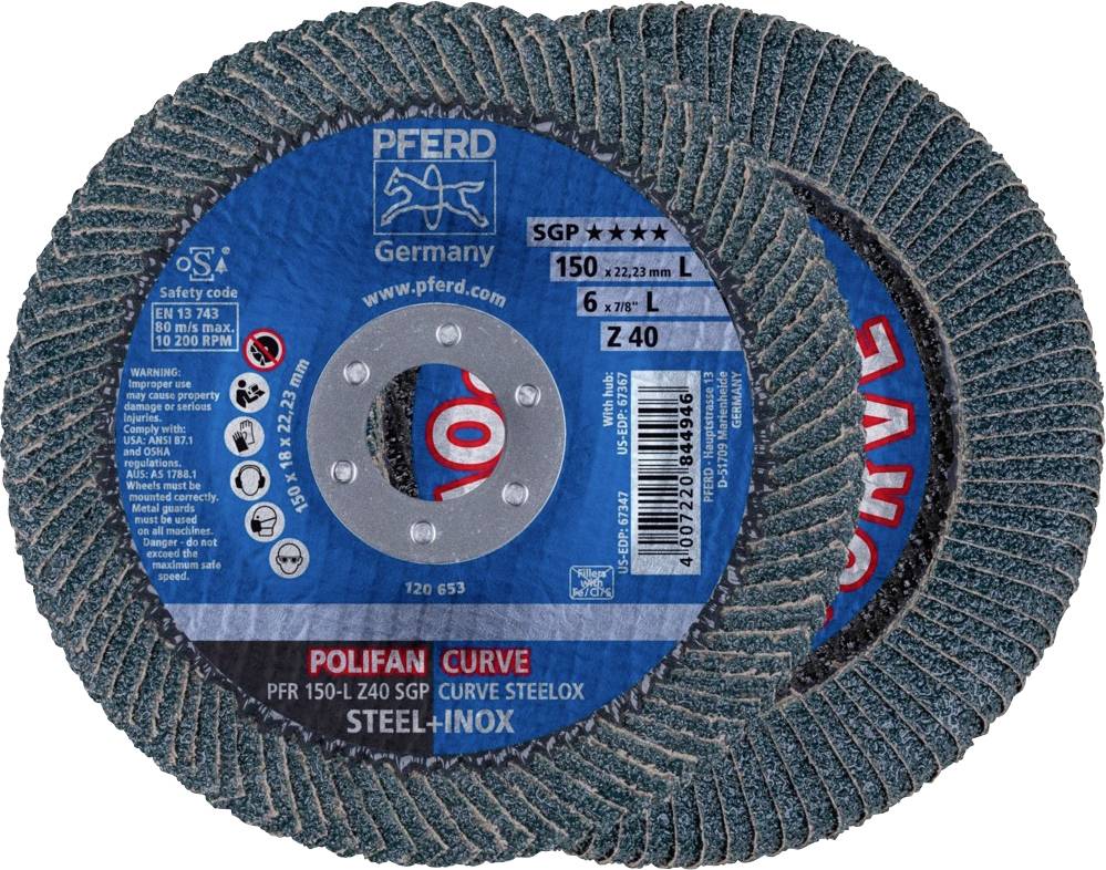 PFERD TOOLS 67689082 PFR 150-L Z 40 SGP CURVE STEELOX Felületcsiszoló korong Ø 150 mm Furat átmérő 22.23 mm Szemcsézet 40 Nemesacél, Acél 10 db