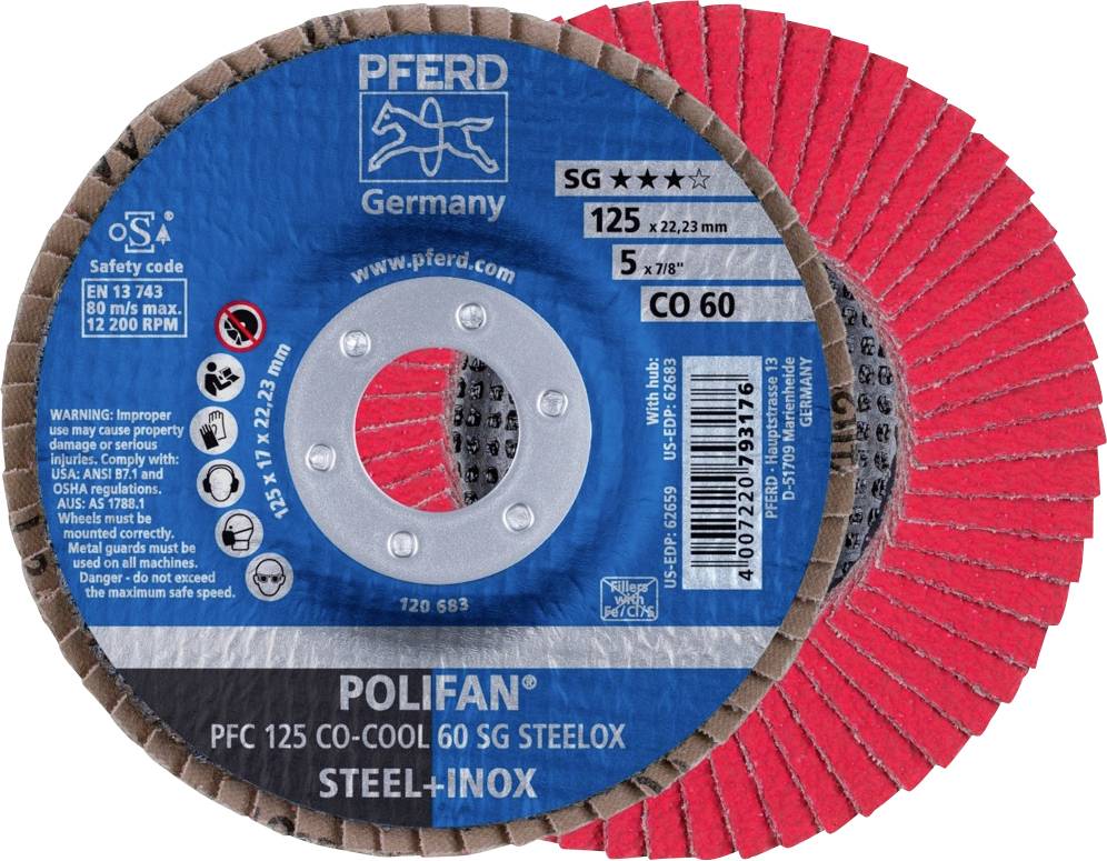 PFERD TOOLS 67760625 PFC 125 CO-COOL 60 SG STEELOX Felületcsiszoló korong Ø 125 mm Furat átmérő 22.23 mm Szemcsézet 60 Alimínium ötvözet, nikkel alapú ötvözet,