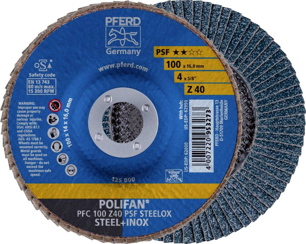 PFERD TOOLS 67764100 PFC 100 Z 40 PSF STEELOX/16,0 Felületcsiszoló korong Ø 100 mm Furat átmérő 16 mm Szemcsézet 40 Nemesacél, Acél 10 db